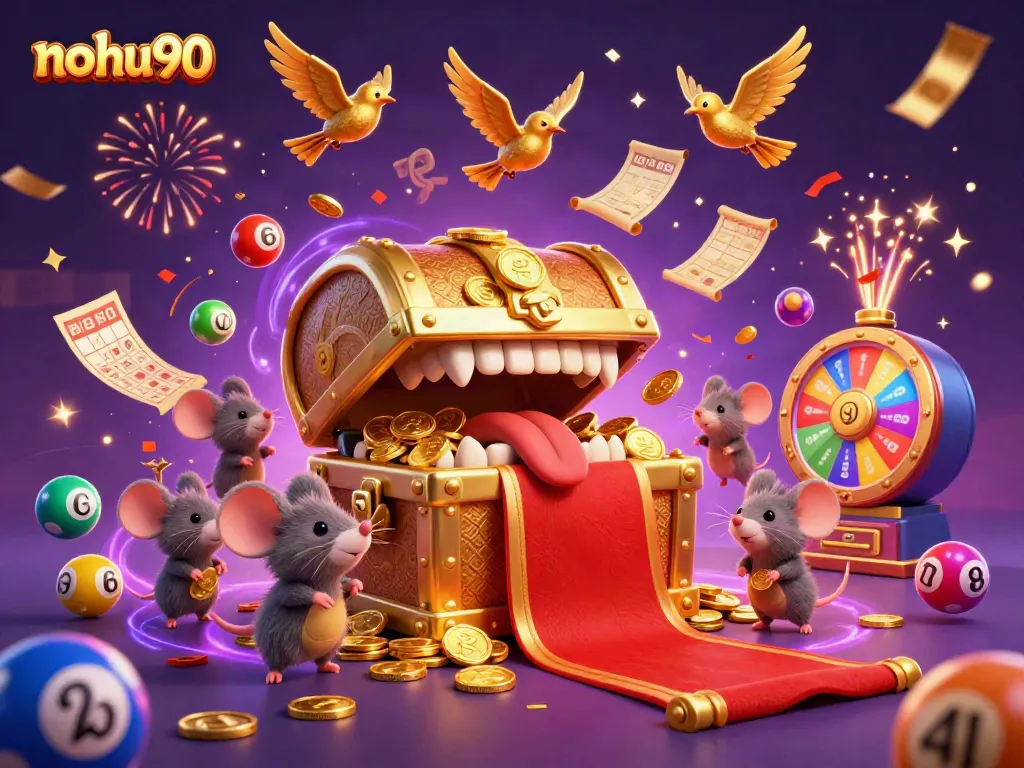 Engaging scene of adventurous mice drawn to a gold-filled chest, symbolizing nohu90's casino excitement.