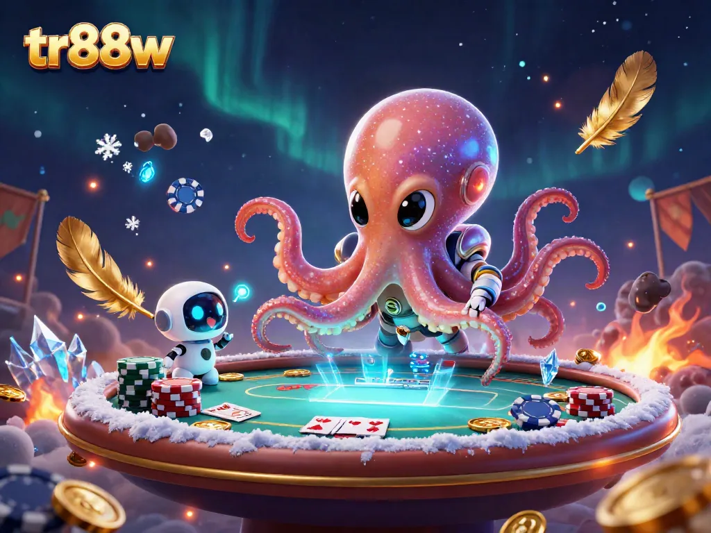 Engage in thrilling poker action at tr88w with an alien octopus and vibrant casino elements.
