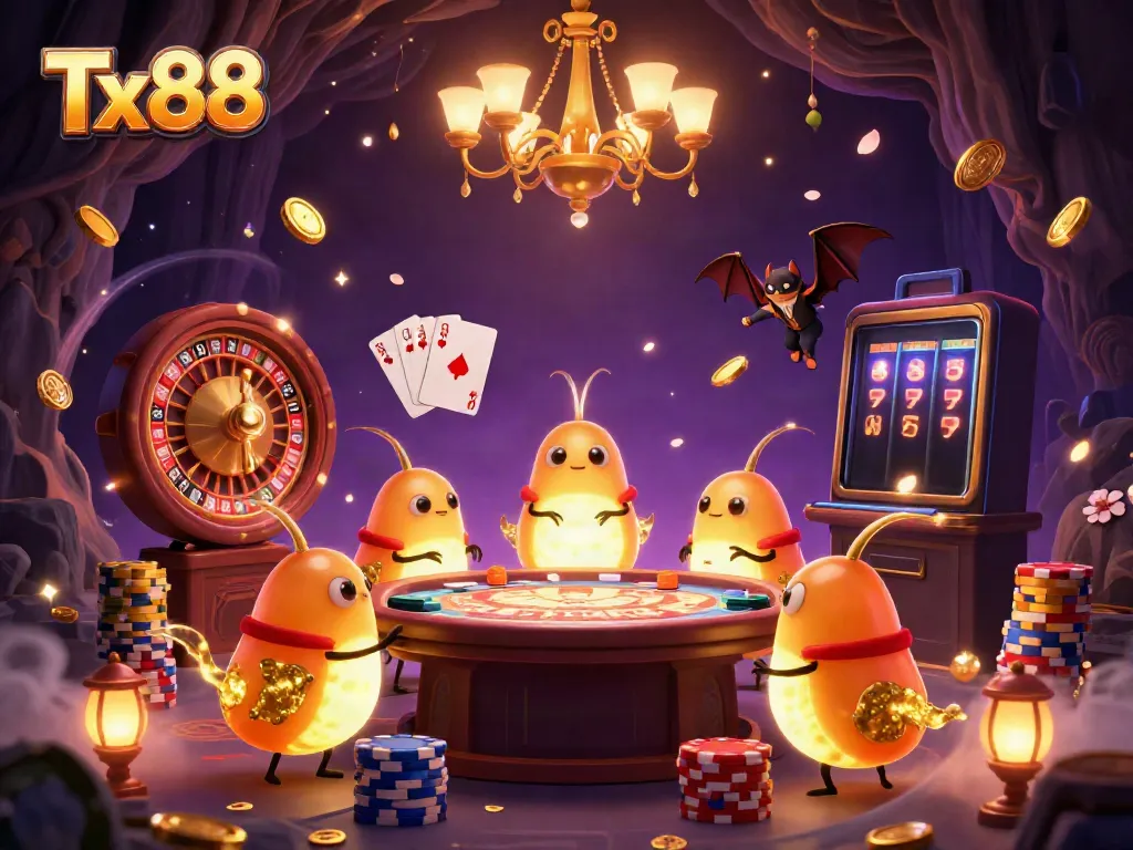 Experience Tx88's vibrant cave casino, illuminated by glowing worms and a bat dealer, with cascading treasures.