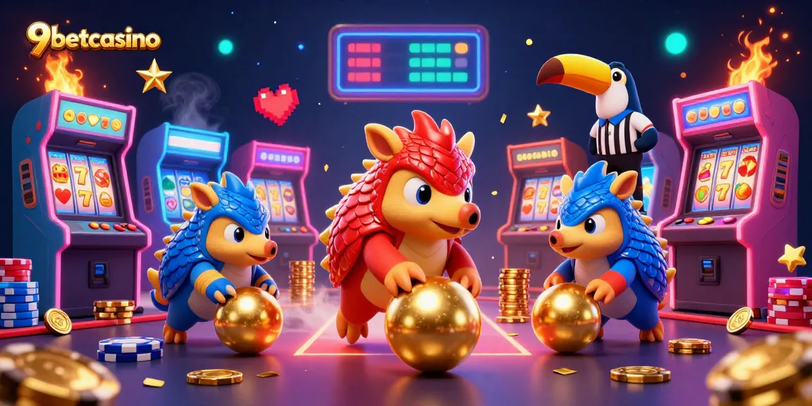 Experience the thrill of 9betcasino with rival pangolins competing amidst golden balls and poker chips.