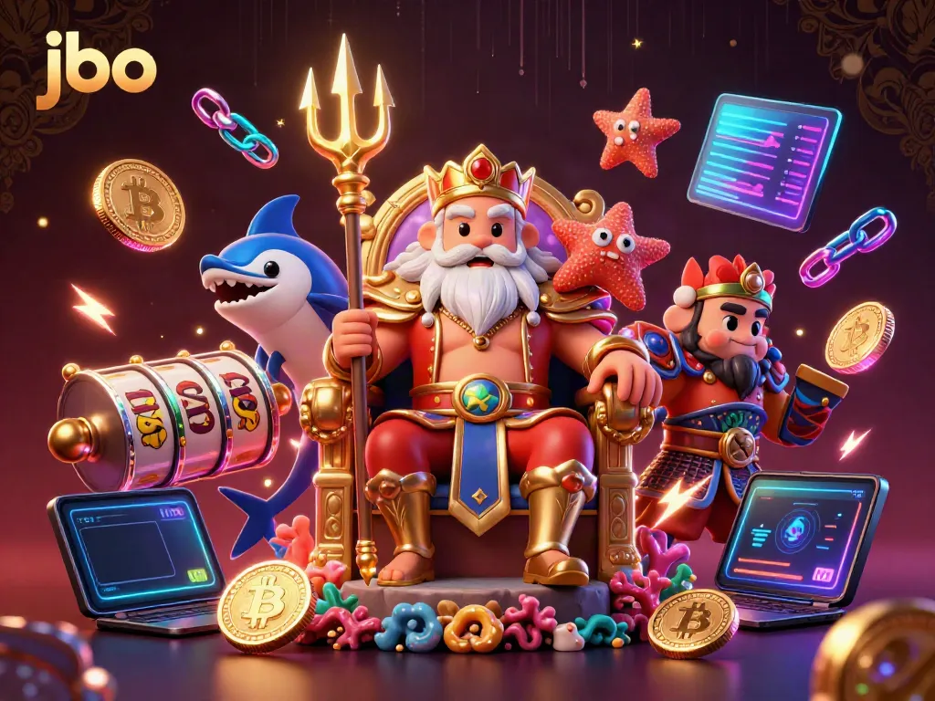 Experience the thrilling jbo online casino with Neptune and crypto elements in vibrant colors.