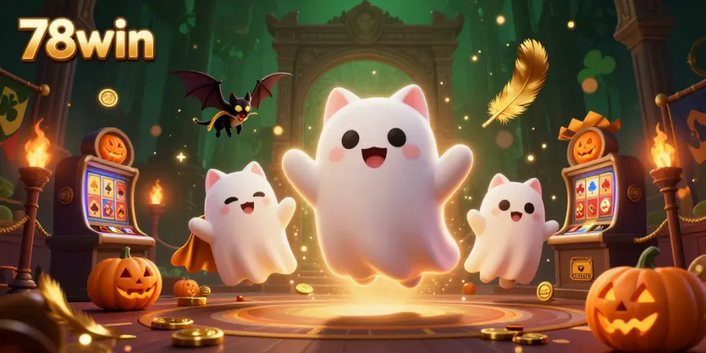 Experience the thrill of 78win in a vibrant, haunted casino scene with playful ghost characters.