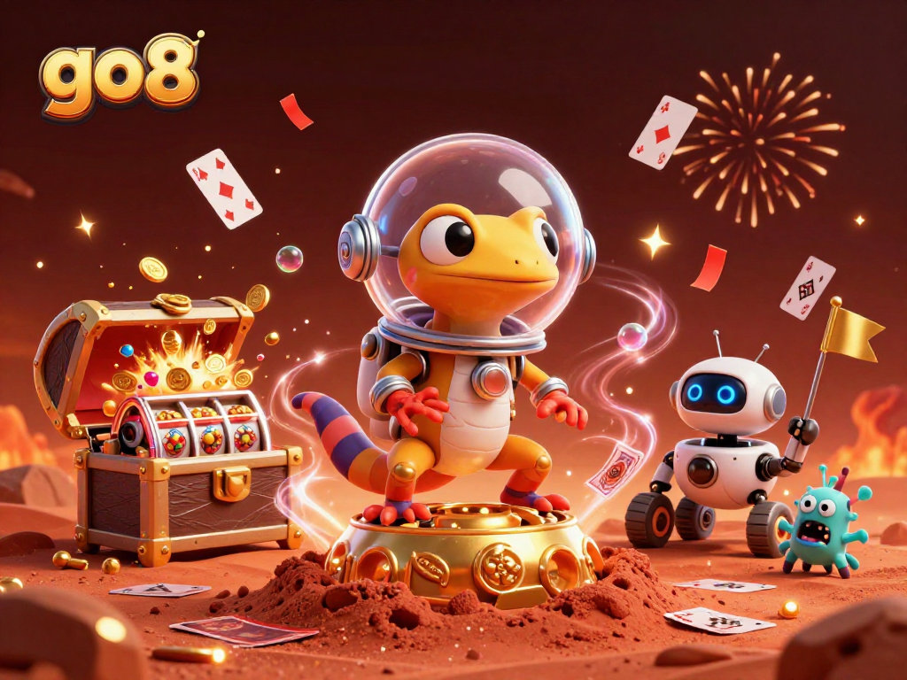 Experience the thrill of go8 as a Martian gecko uncovers a golden casino in a vibrant 3D illustration.
