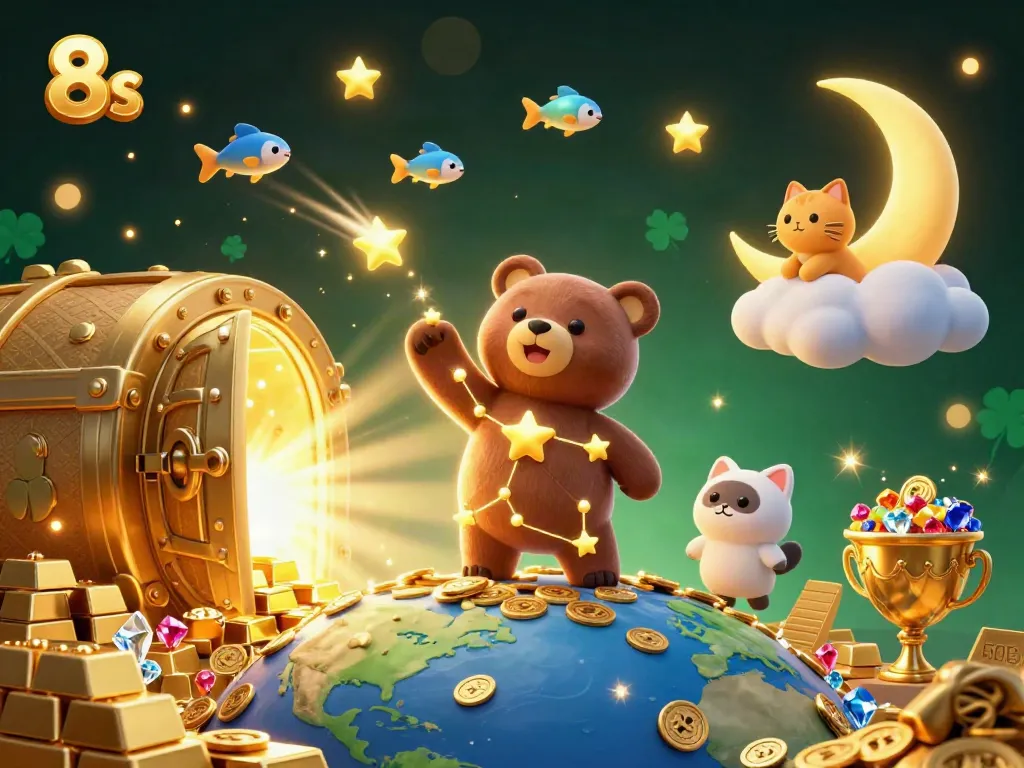 Join the constellation bear in a vibrant 8s casino world, scooping coins and gems.