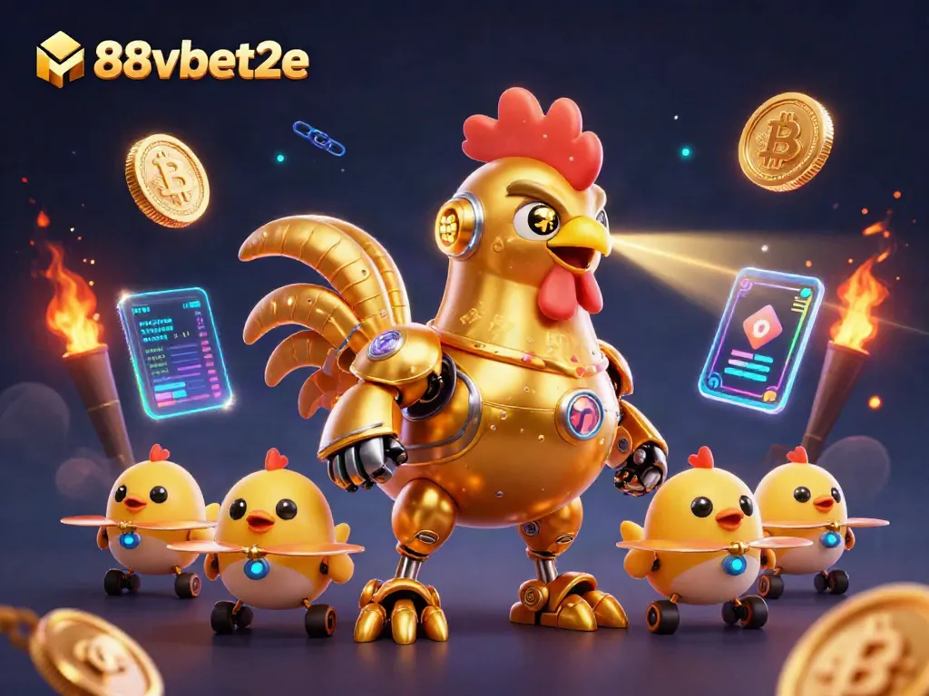 Bet on the exciting world of 88vbet2e with dynamic golden rooster robot and baby chick drones.