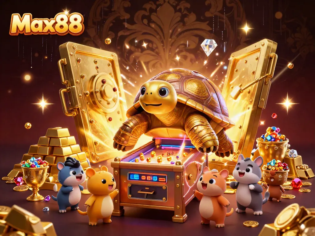 Max88 showcases a vibrant casino scene with a golden tortoise pinball machine, engaging players in a fun experience.