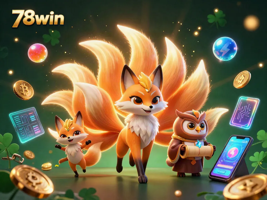 Engage in thrilling gameplay with 78win, featuring colorful 3D characters, crypto coins, and dynamic casino elements.