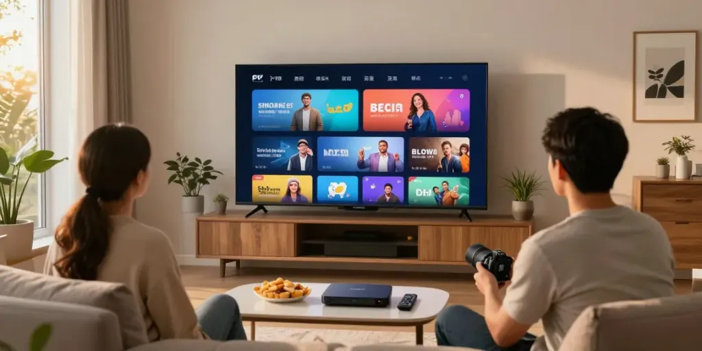 Couple enjoying IPTV service in a cozy living room.