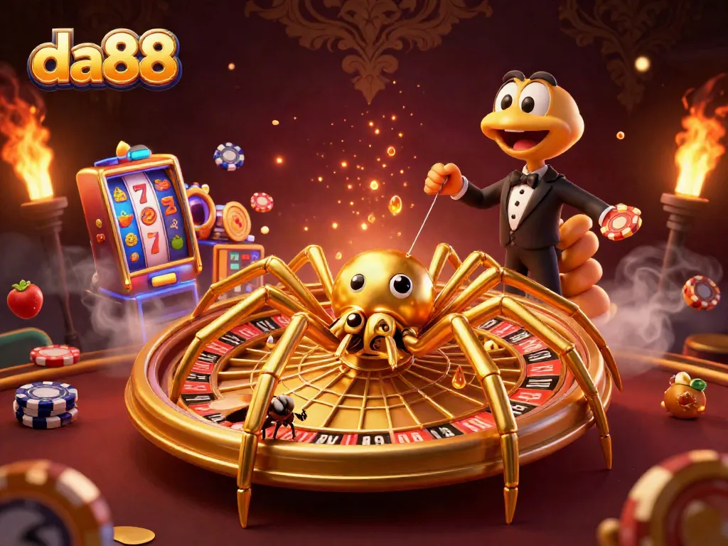 Engage with da88's thrilling slot action featuring a golden spider and vibrant casino elements.