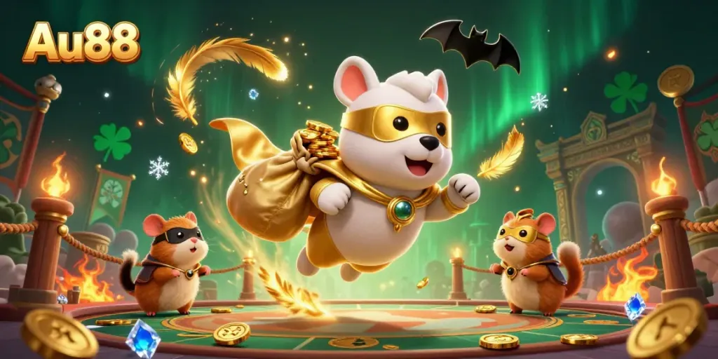 Experience the thrill of Au88 with a superhero dog and hamster, soaring through a dynamic casino scene filled with gold.