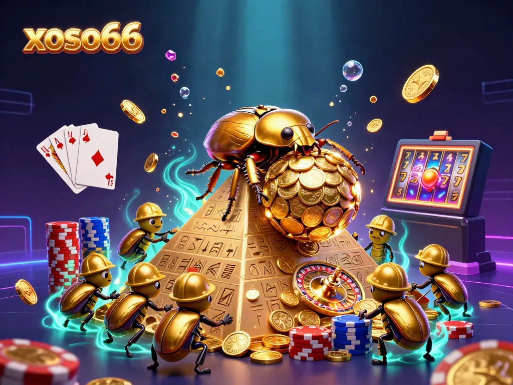 Engaging xoso66 casino illustration with dynamic golden elements and cartoon beetles.