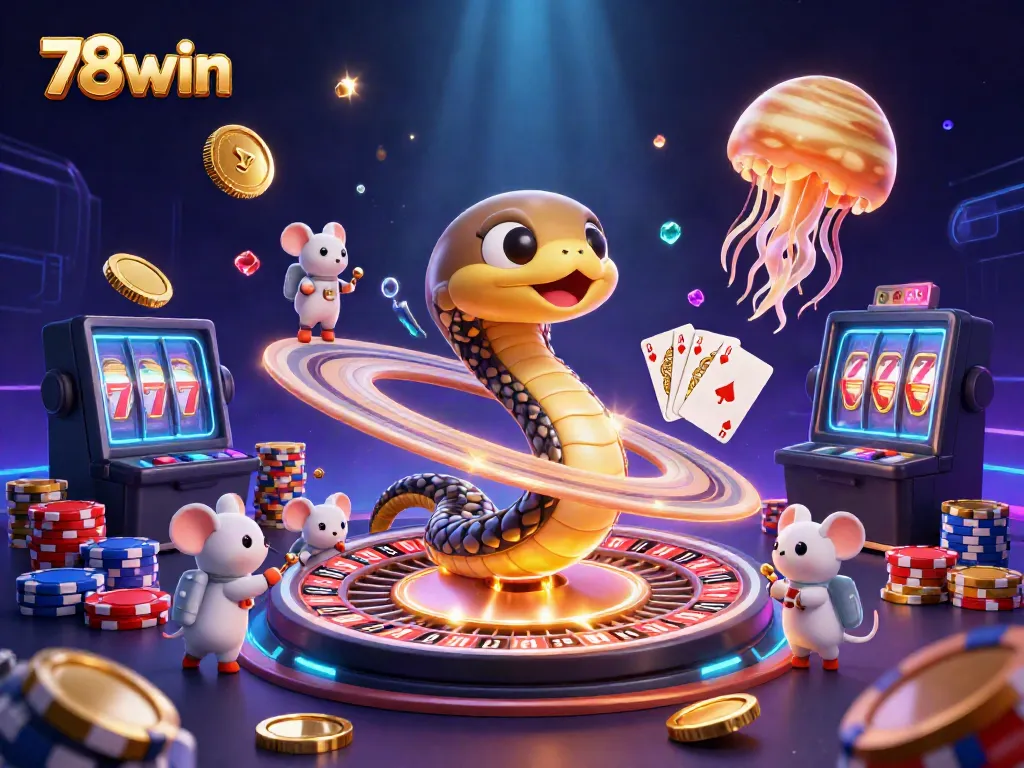 Experience the thrill of 78win with a scene showcasing cosmic gambling characters and vibrant casino elements.
