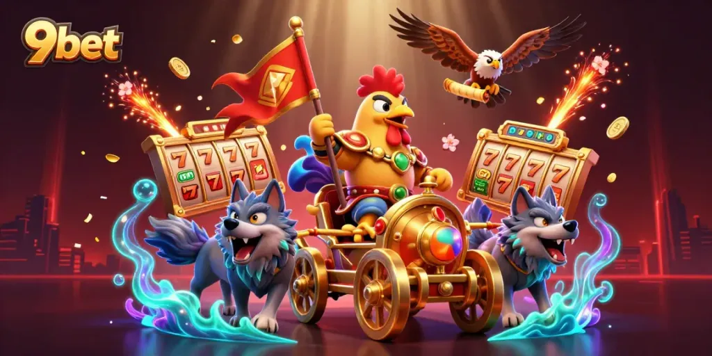 Experience the thrills of 9bet with vibrant 3D elements including slot reels and joyful rewards.