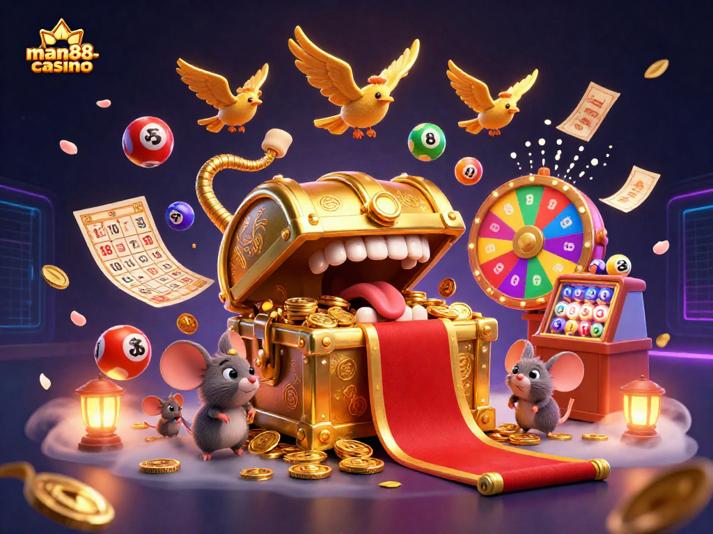 Engage with the vibrant treasures of man88-casino: golden chest, colorful lottery elements.