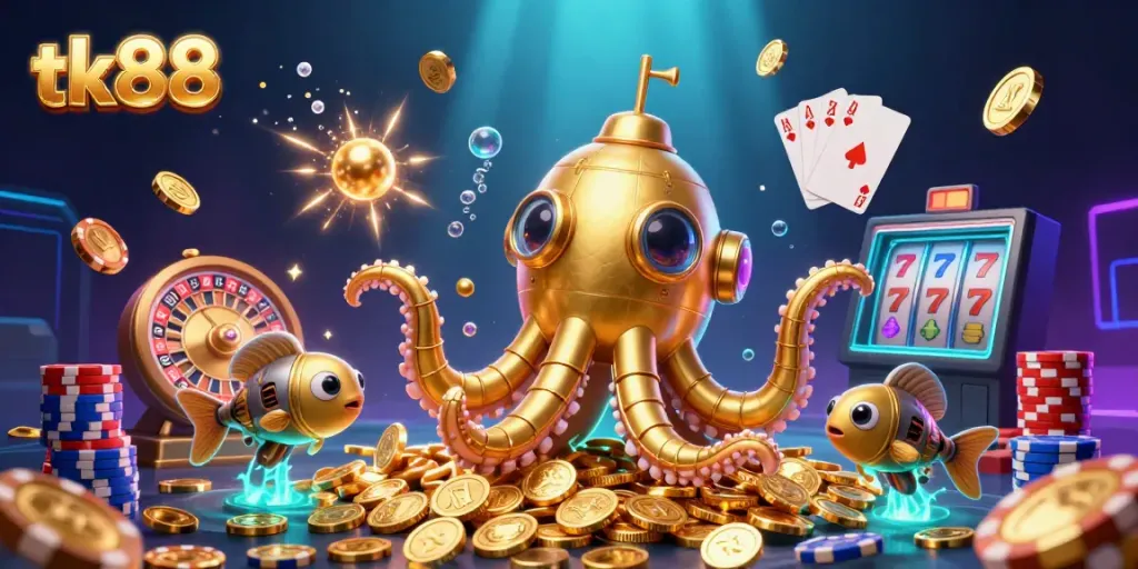 Experience thrilling gameplay with tk88 as a golden kraken submarine surfaces amidst cascading coins.