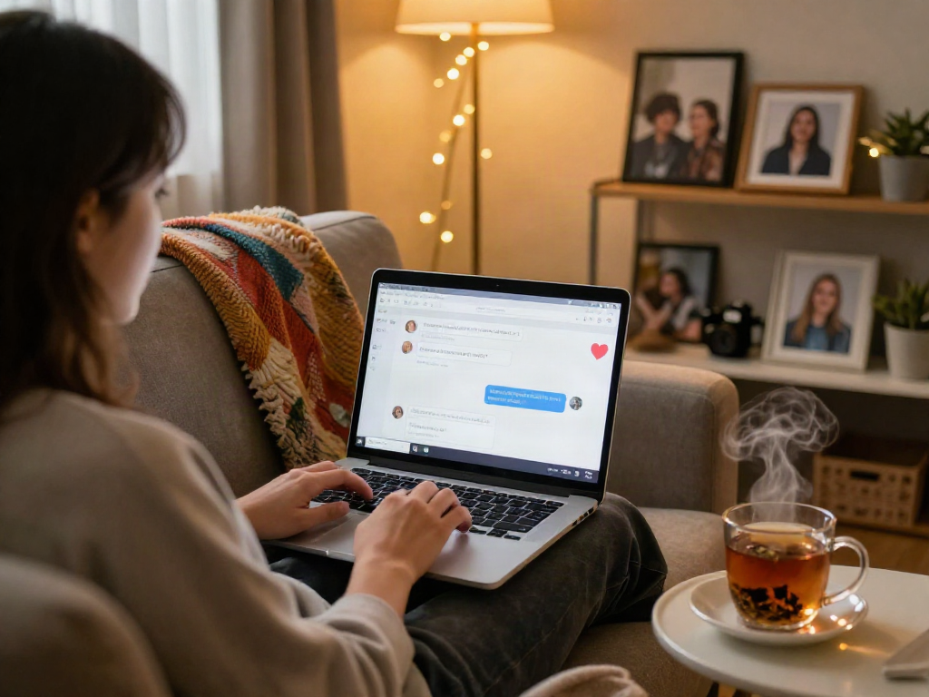 A cozy living room scene featuring a user engaged in a sex chat on a laptop, showcasing warmth and connection.