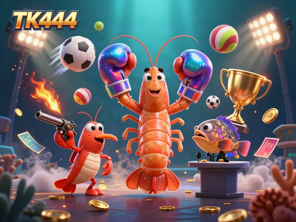 Experience the thrill of TK444 with a vibrant underwater scene featuring a mantis shrimp, pistol shrimp, and coral grouper amid sports betting elements.