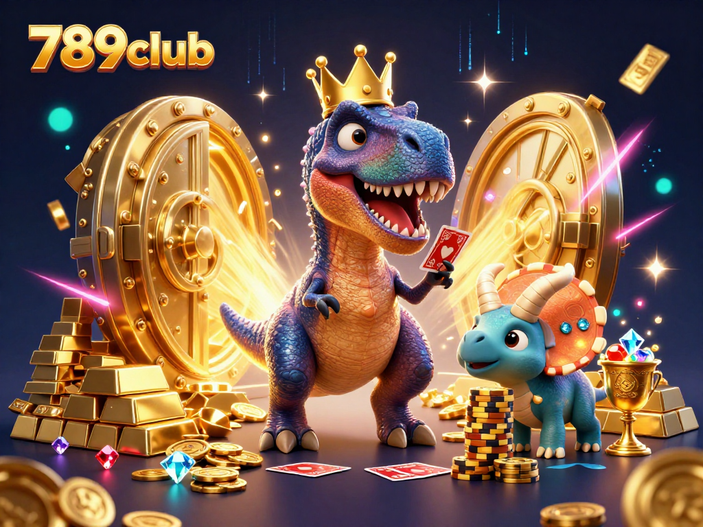 Experience the excitement of 789club as a dinosaur shuffles cards while surrounded by treasures.