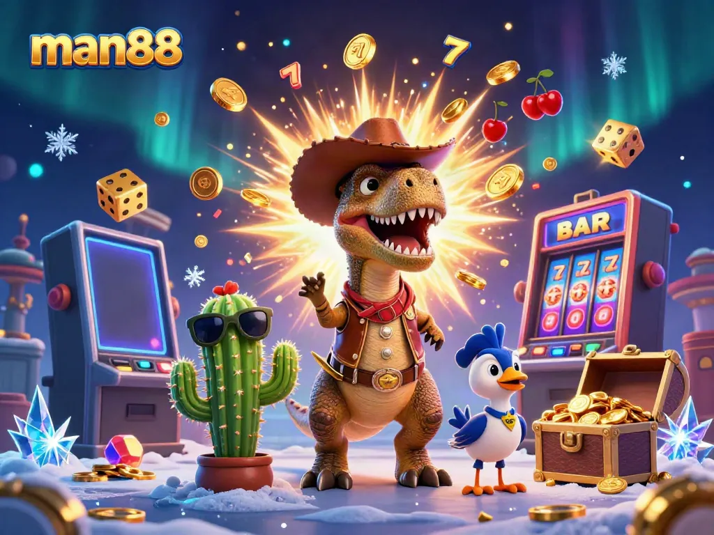 Engage with thrilling casino action at man88 with a lively T-Rex, cactus, and roadrunner amidst vibrant casino elements.