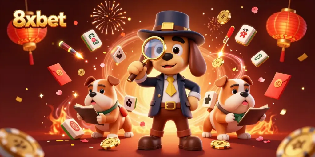 Engaging 3D scene featuring 8xbet characters examining poker chips amidst festive gambling elements.