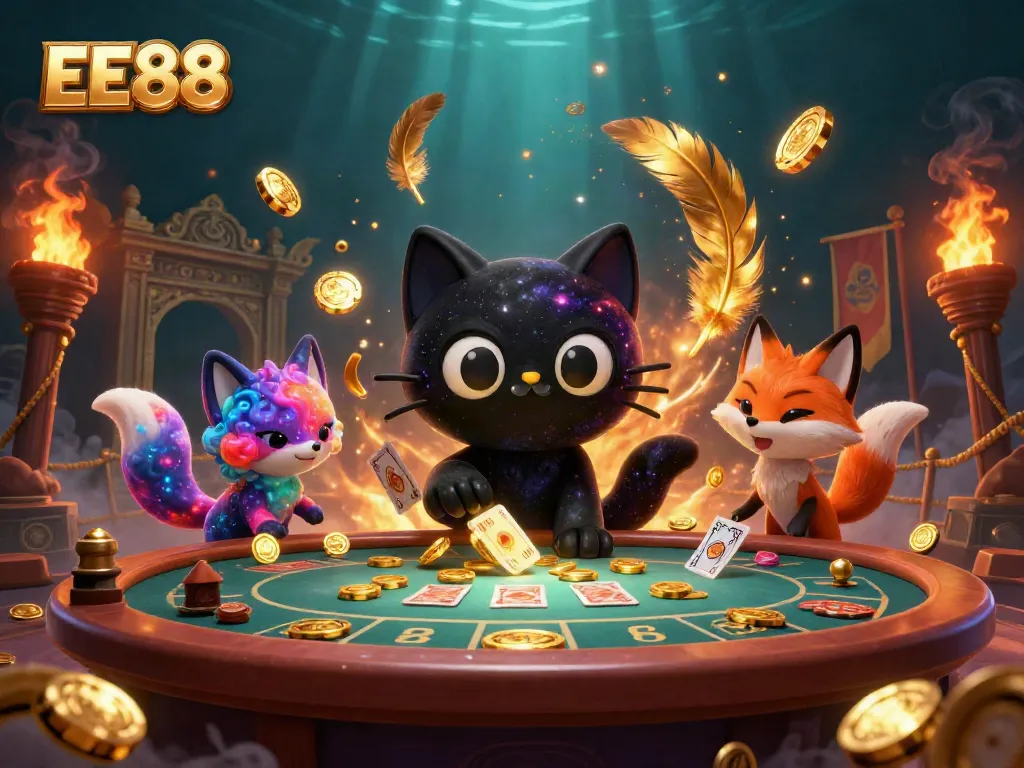 EE88 brings excitement to gaming with a cosmic scene featuring charming characters and dynamic casino elements.