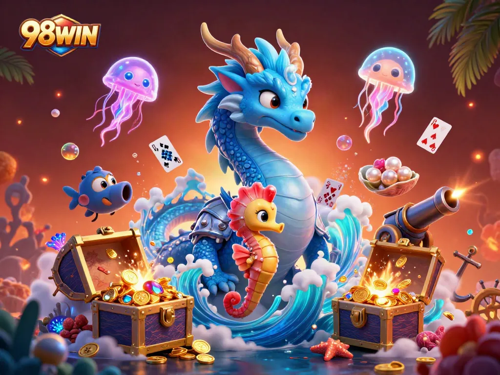Spin to win at 98WIN with vibrant 3D casino-themed illustration of playful ocean creatures and treasures