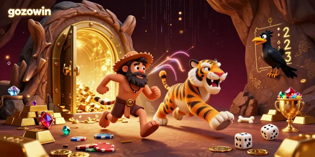 Experience the excitement of gozowin with a prehistoric casino illustration featuring a caveman, saber-tooth tiger, and a crow.