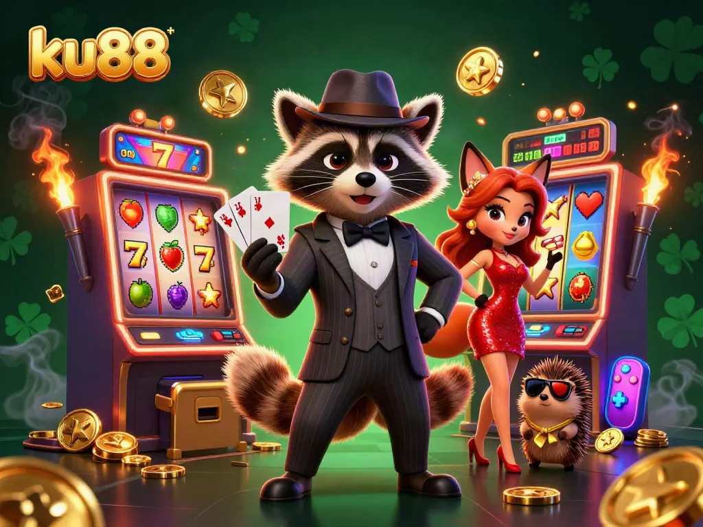 Experience the thrill of ku88 with a raccoon holding royal flush amid vibrant slot machines.