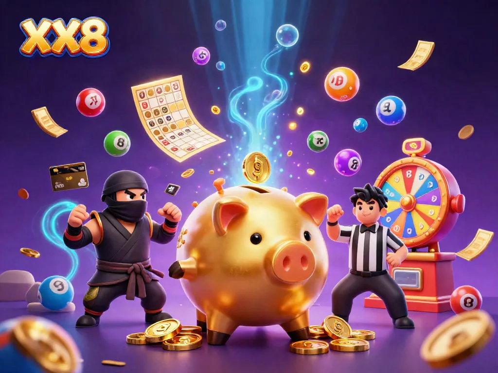 Experience the excitement of XX8 with a golden piggy bank sumo wrestler, coins, and vibrant lottery elements.