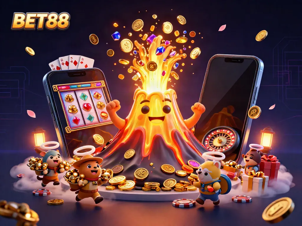 Experience the thrill of BET88 with golden treasures and vibrant game elements in 3D gaming art.