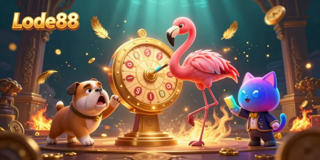 Engaging Lode88 scene with flamingo, bulldog, and scoreboard cat at a prize wheel.