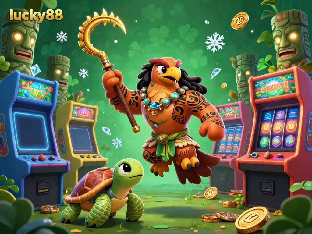 Experience the vibrant gaming scene of lucky88 with a Polynesian demigod hawk and unique casino elements.