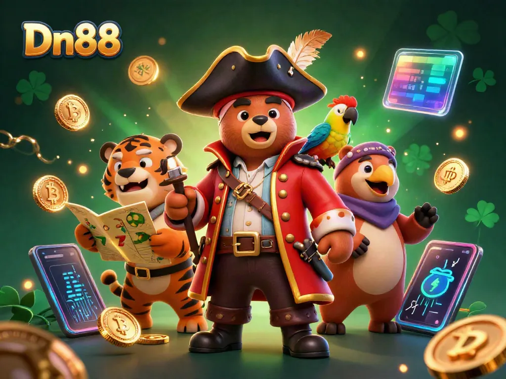 Engage in thrilling gameplay with Dn88, featuring a vibrant slot machine scene packed with colorful characters and crypto icons.