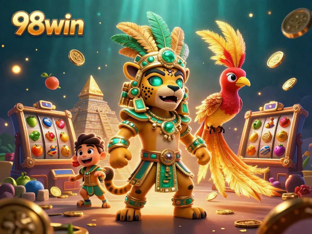 Win big with 98win in this colorful illustration showcasing exciting slots and dynamic casino elements.
