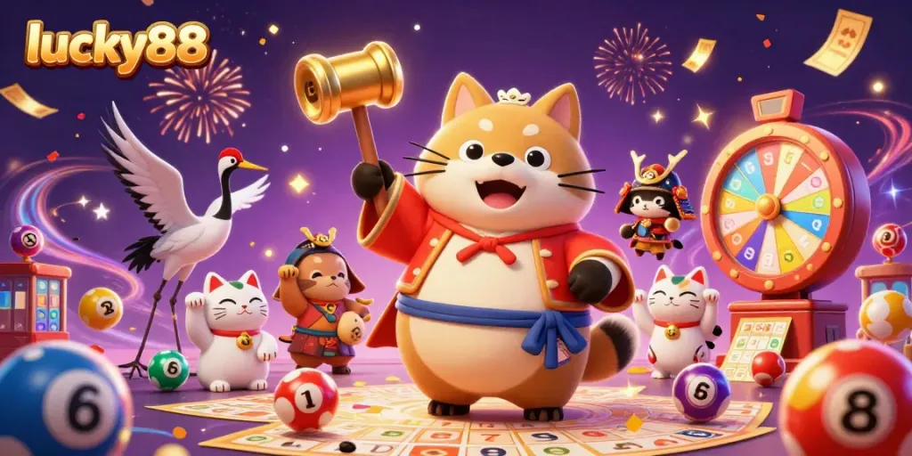 Experience excitement with lucky88 in a vibrant 3D scene featuring a cheerful tanuki and festive elements.