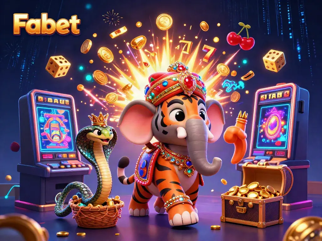 Experience the thrill of Fabet with a vibrant 3D scene showcasing a jackpot explosion and iconic casino elements.