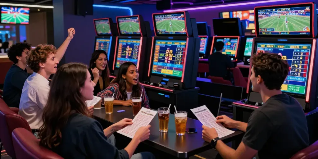 ZBET betting lounge with friends enjoying live sports, immersive atmosphere.