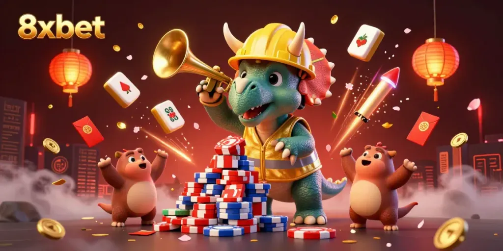 Engage with interactive gaming at 8xbet featuring vibrant characters building poker chip pyramids.