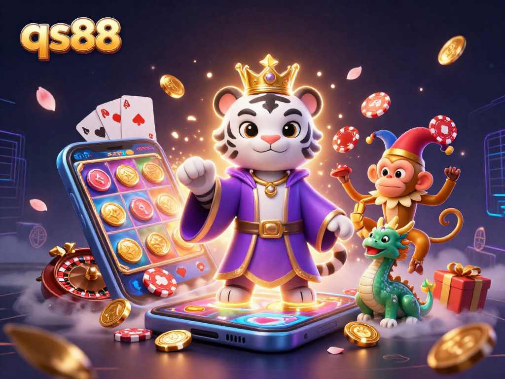 qs88 showcases a vibrant casino scene with a majestic tiger, playful monkey juggling chips, and a jade dragon.