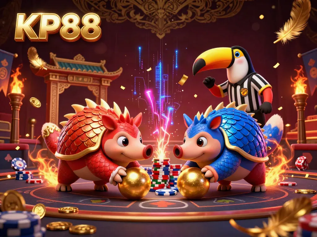 Bowling pangolins compete in KP88's vibrant casino arena, guided by a toucan referee, amid poker chips and golden decorations.